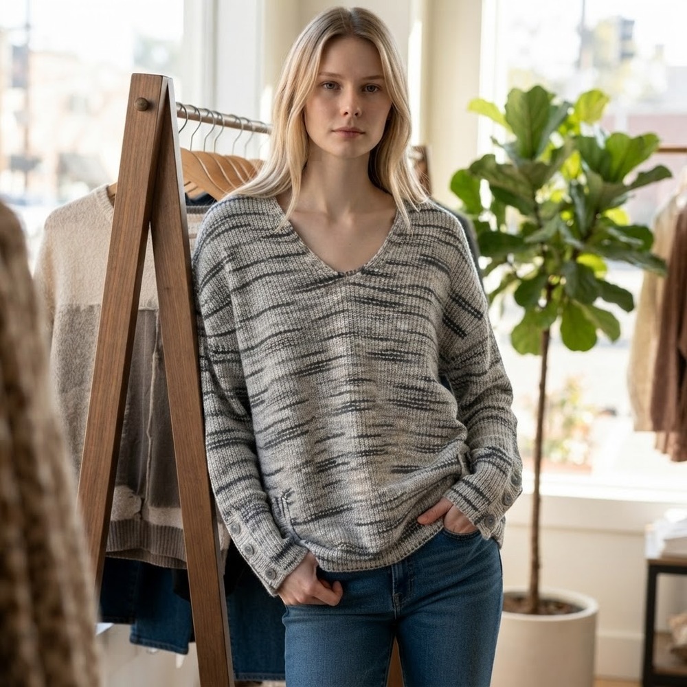 Michael Stars Grey Autumn Space Dye V-Neck Sweater Side Buttons SDY29 Large New